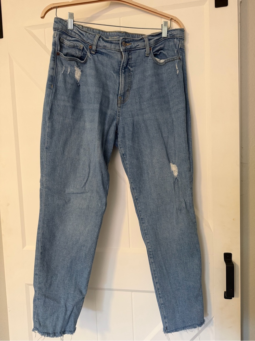 Old Navy OG Straight Jeans Size 14 Distressed Medium Wash Raw Hem